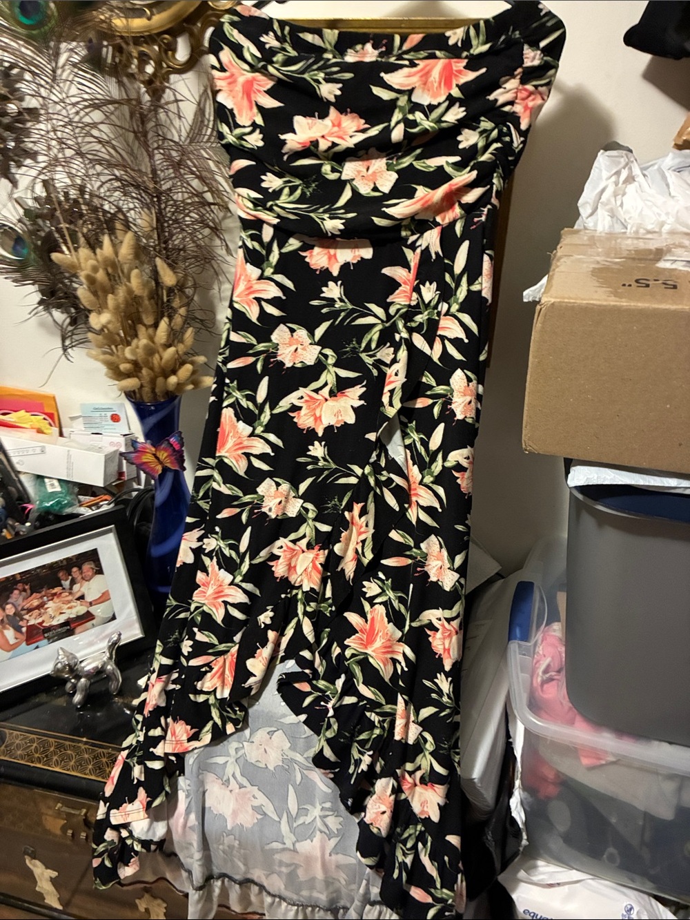 Black Floral Maxi Dress with Pink Lily Print